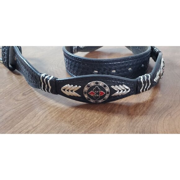 Vintage Black Leather Belt With Playing Card Motif & Silver Detailing Size 32 - Picture 2 of 9